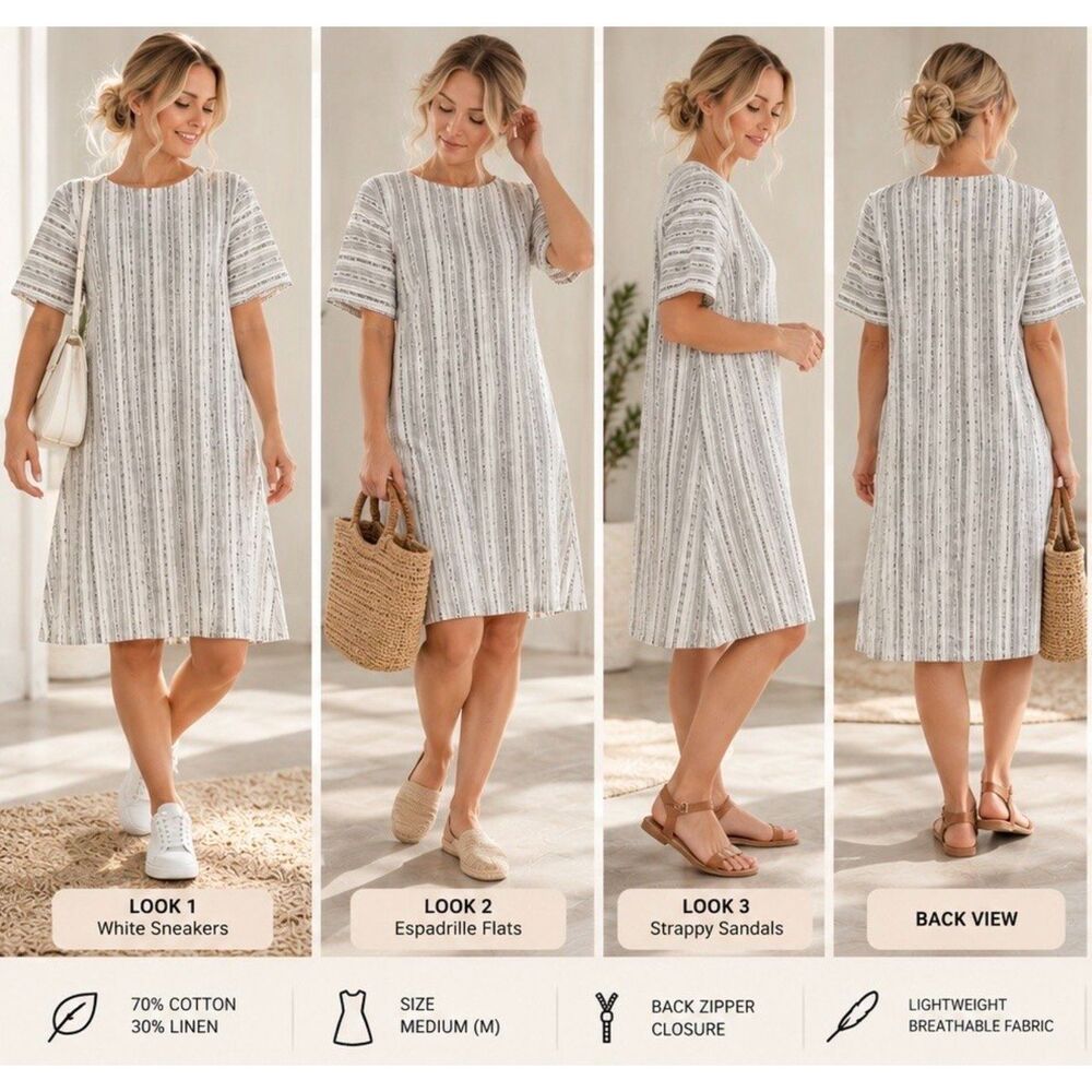 ROOLEE Cotton Linen Striped A-Line Knee Length Dress Size M Ivory Black Boho